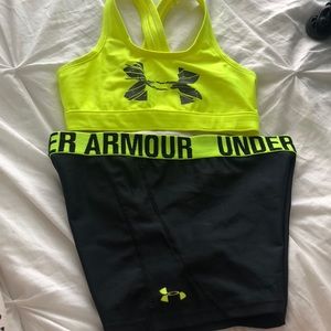 Under Armour sports bra and spandex outfit